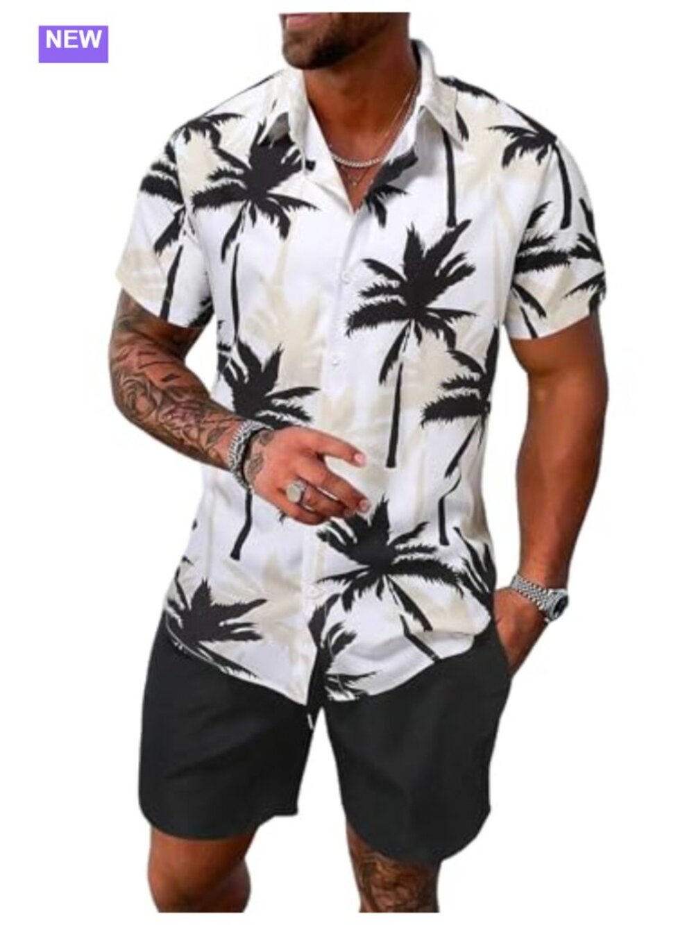Men's Tropical Print 2 Piece Button Down Shirt & Shorts Set Loose Fit Cotton
